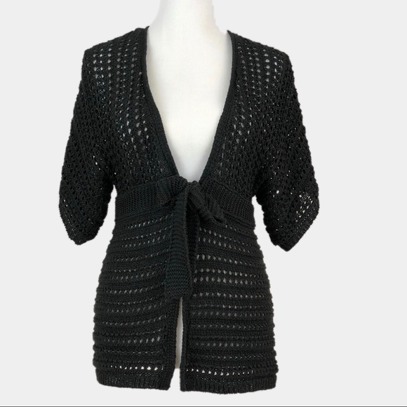 LOFT Sweaters - LOFT Black Crochet Knit Tie-Front Open Cardigan S